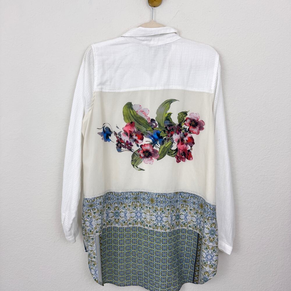 Soft Surroundings Womens Button Blouse Top Size XL Artsy Floral Flowy White